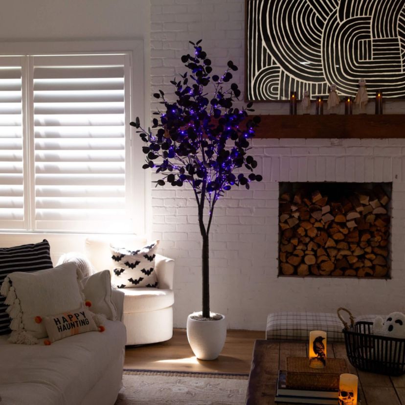 7-Foot Pre-Lit Artificial Halloween Black Eucalyptus Tree with 420 Orange & Purple LED Lights