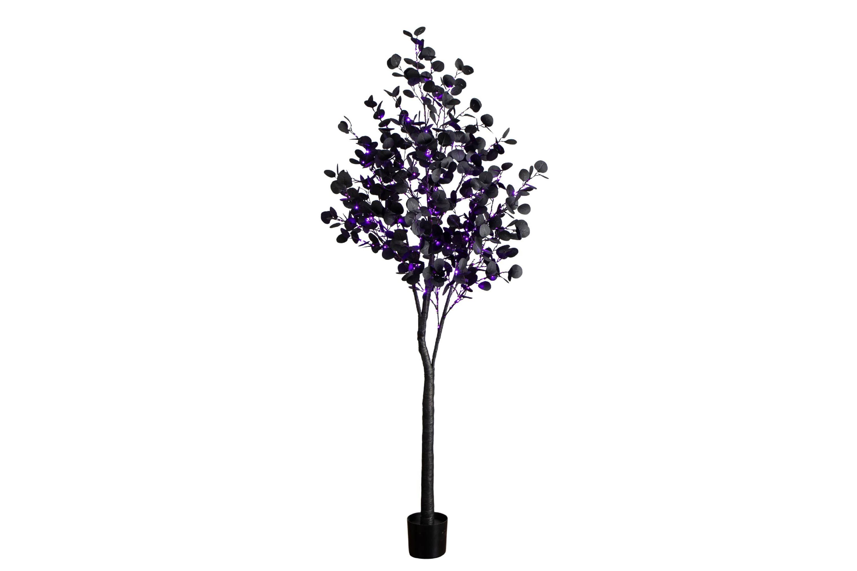 7-Foot Pre-Lit Artificial Halloween Black Eucalyptus Tree with 420 Orange & Purple LED Lights