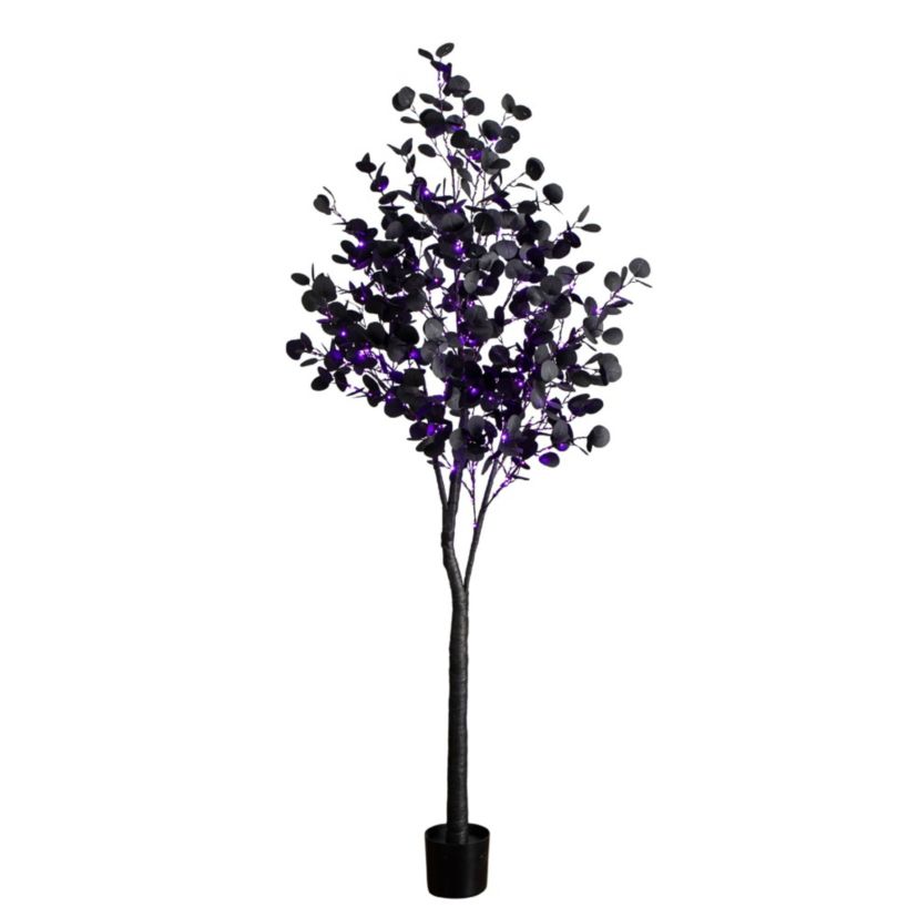 7-Foot Pre-Lit Artificial Halloween Black Eucalyptus Tree with 420 Orange & Purple LED Lights