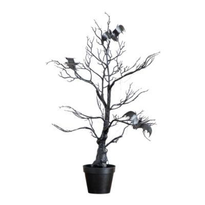 Nearly Natural 2-Foot Pre-Lit Artificial Halloween Black Spooky Twig Tree with Bats and 40 Orange & Purple LED Lights