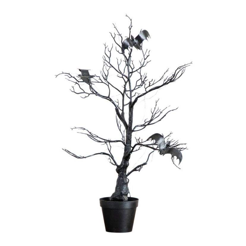 2-Foot Pre-Lit Artificial Halloween Black Spooky Twig Tree with Bats and 40 Orange & Purple LED Lights