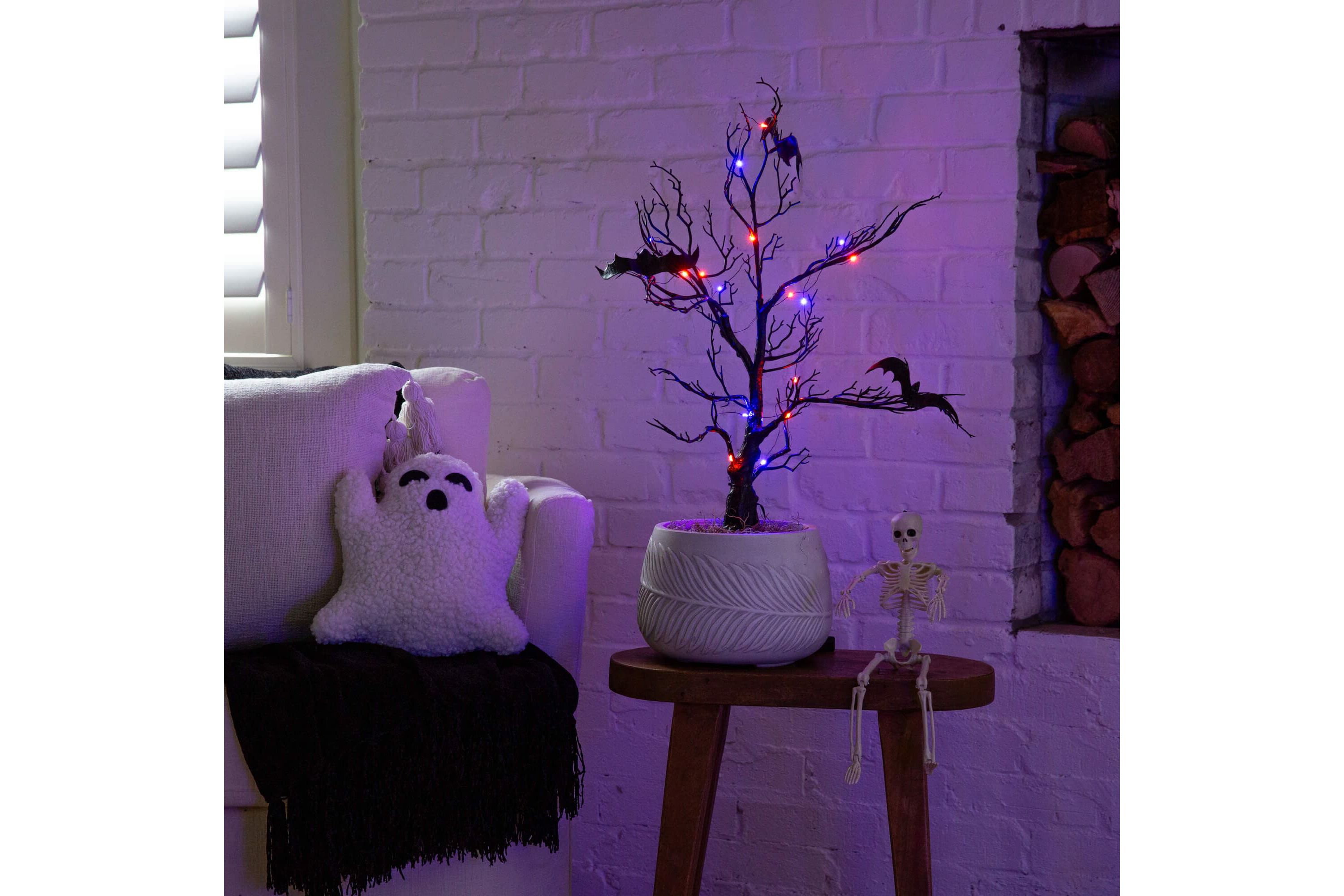 2-Foot Pre-Lit Artificial Halloween Black Spooky Twig Tree with Bats and 40 Orange & Purple LED Lights