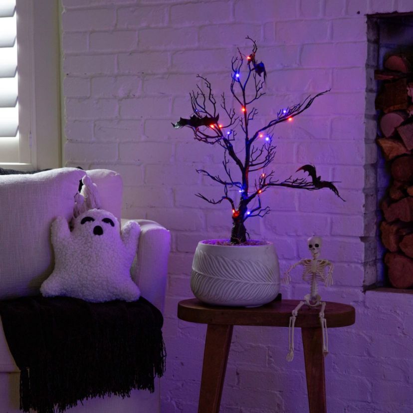 2-Foot Pre-Lit Artificial Halloween Black Spooky Twig Tree with Bats and 40 Orange & Purple LED Lights