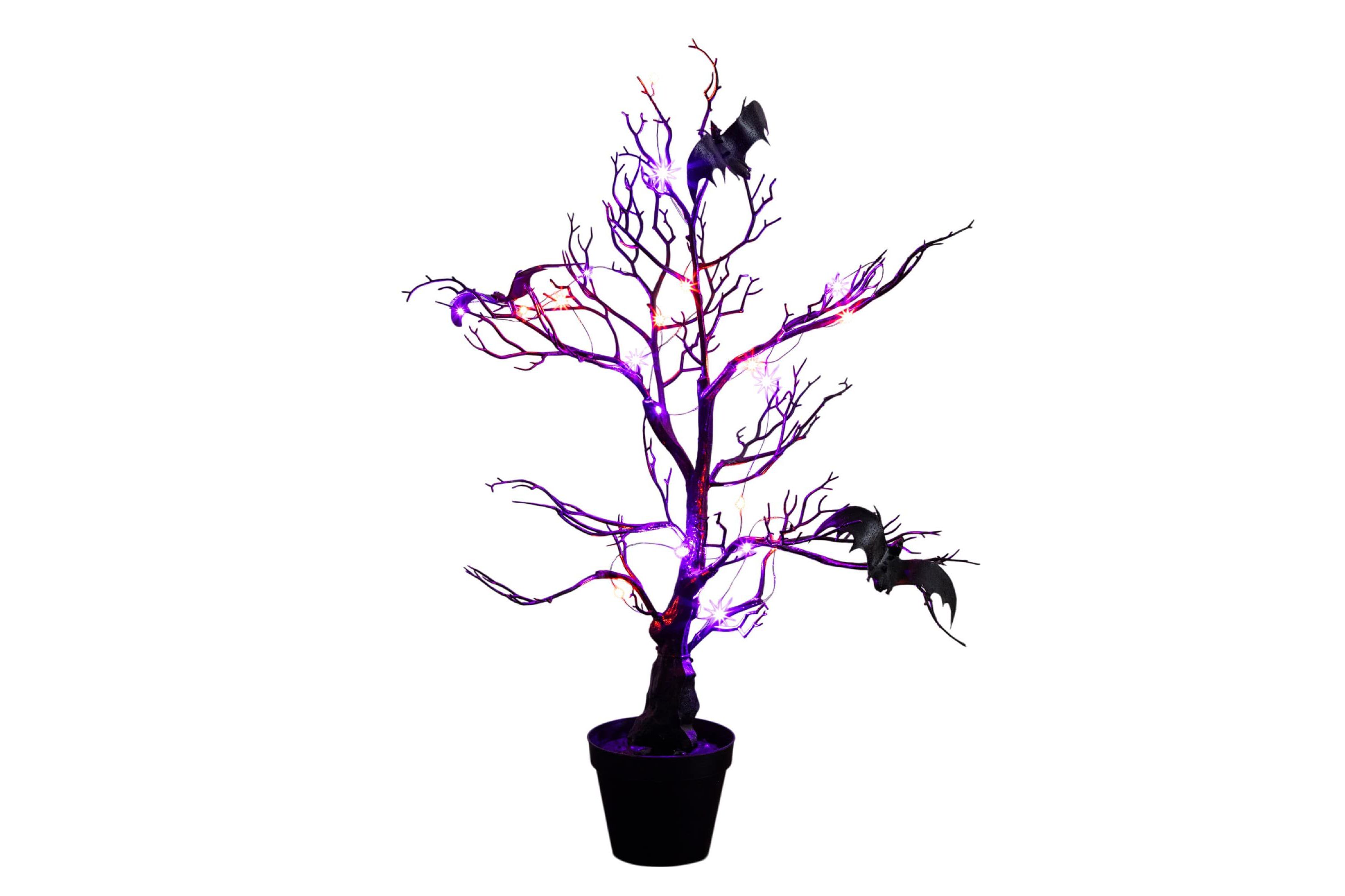 2-Foot Pre-Lit Artificial Halloween Black Spooky Twig Tree with Bats and 40 Orange & Purple LED Lights