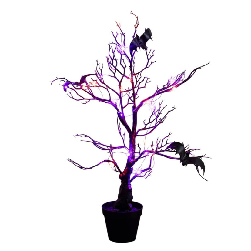 2-Foot Pre-Lit Artificial Halloween Black Spooky Twig Tree with Bats and 40 Orange & Purple LED Lights