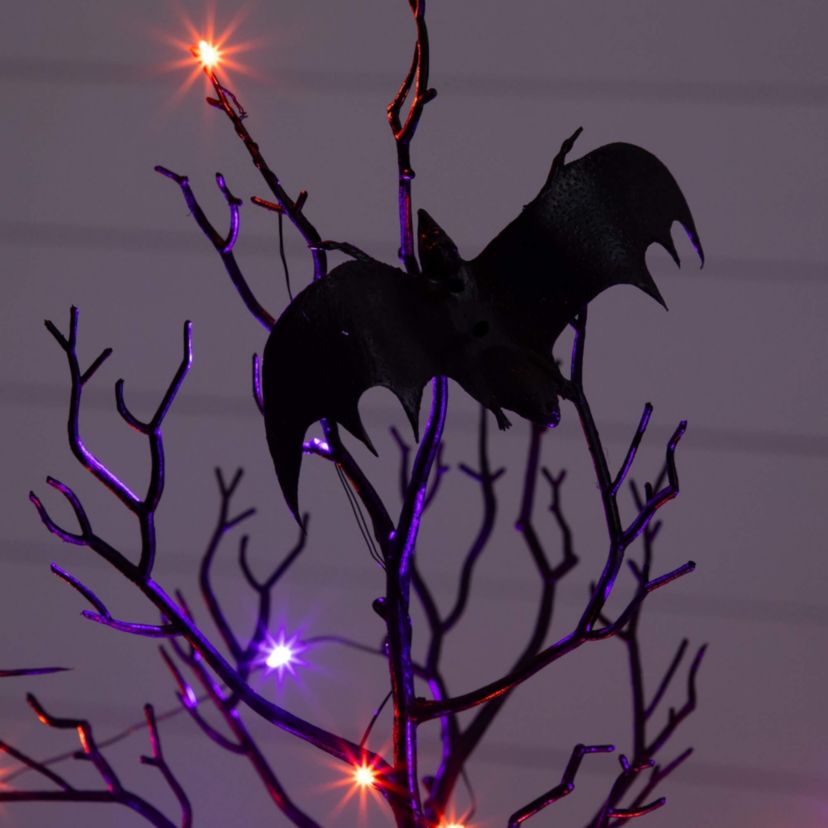 2-Foot Pre-Lit Artificial Halloween Black Spooky Twig Tree with Bats and 40 Orange & Purple LED Lights