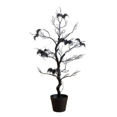 Nearly Natural 3-Foot Pre-Lit Artificial Halloween Black Spooky Twig Tree with Bats and 100 Orange & Purple LED Lights