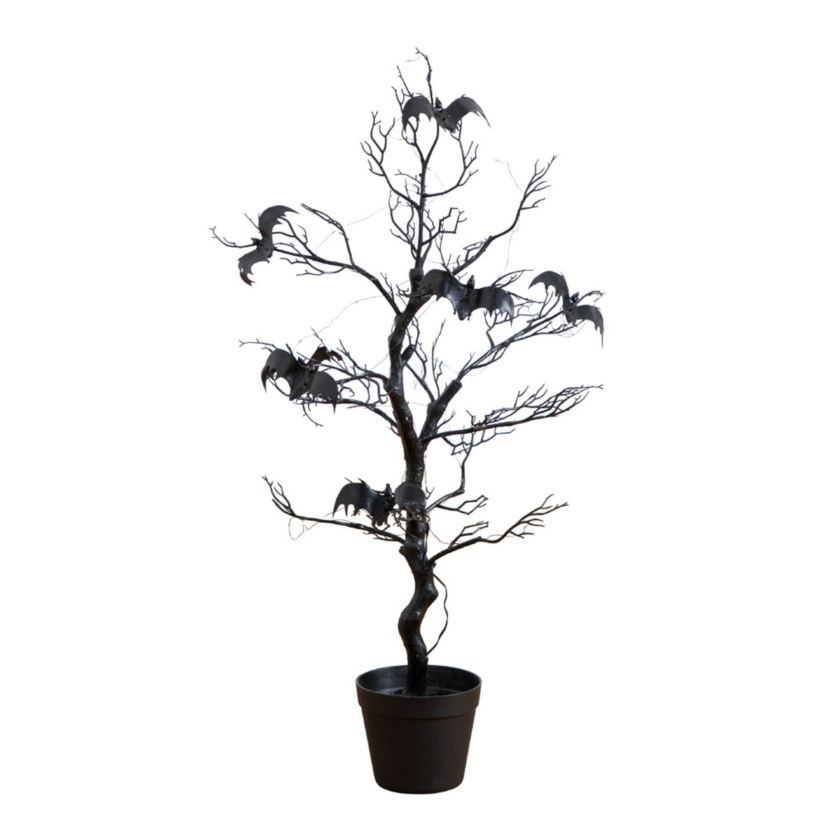 3-Foot Pre-Lit Artificial Halloween Black Spooky Twig Tree with Bats and 100 Orange & Purple LED Lights