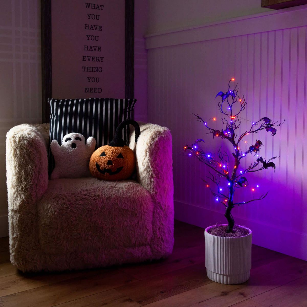3-Foot Pre-Lit Artificial Halloween Black Spooky Twig Tree with Bats and 100 Orange & Purple LED Lights