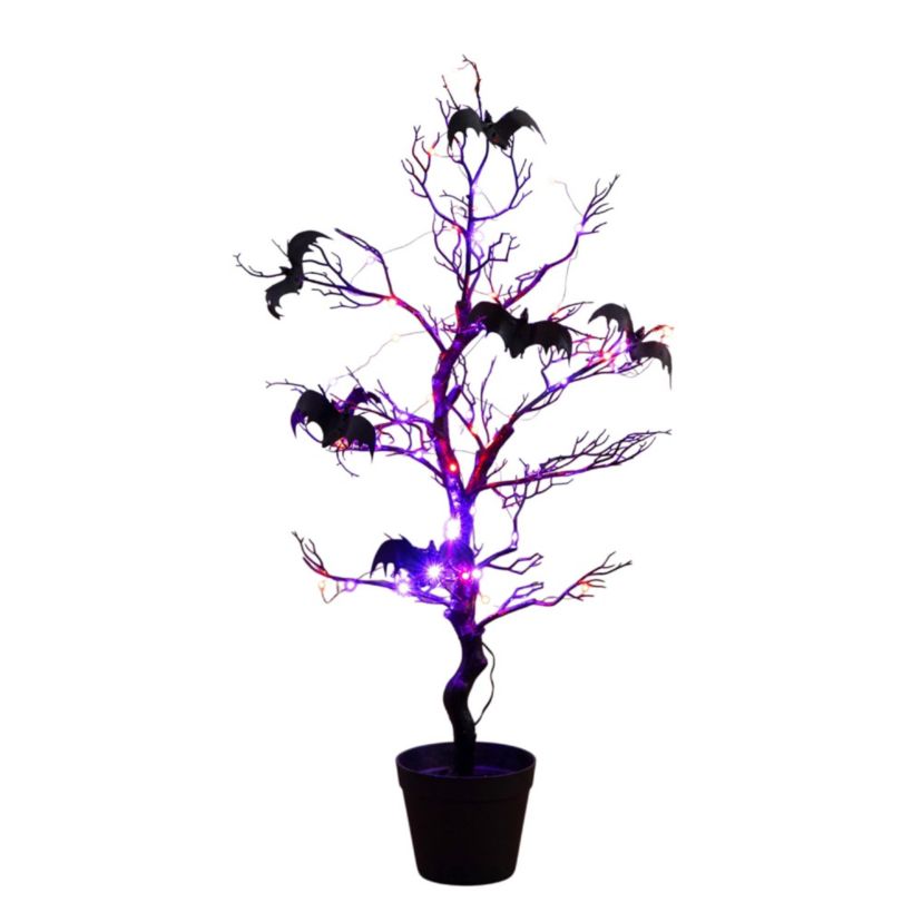 3-Foot Pre-Lit Artificial Halloween Black Spooky Twig Tree with Bats and 100 Orange & Purple LED Lights