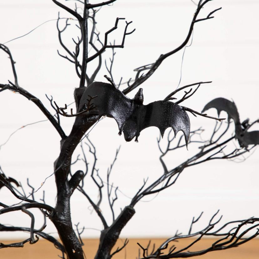 3-Foot Pre-Lit Artificial Halloween Black Spooky Twig Tree with Bats and 100 Orange & Purple LED Lights