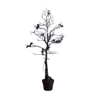 Nearly Natural 4-Foot Pre-Lit Artificial Halloween Black Spooky Twig Tree with Bats and 120 Orange & Purple LED Lights
