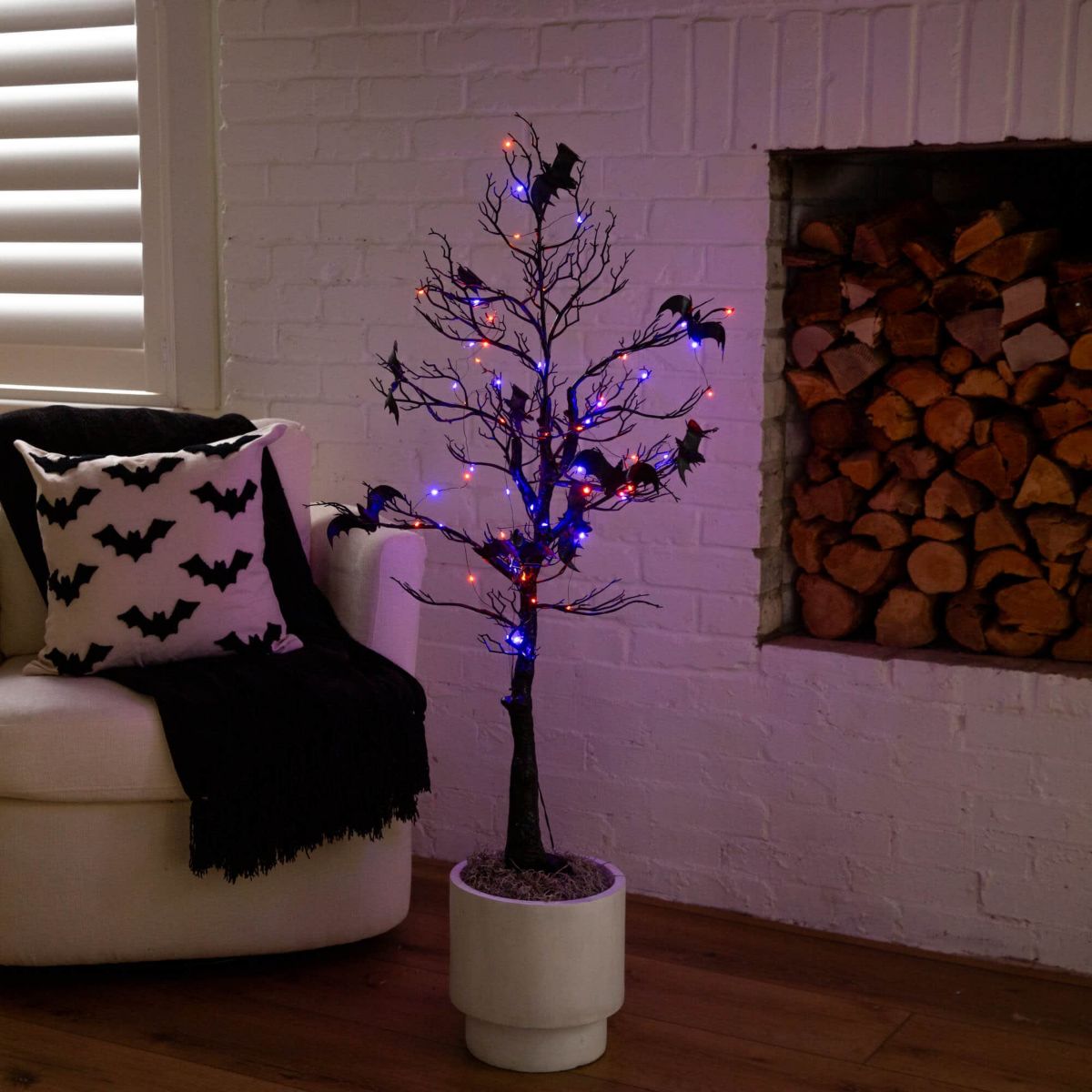 4-Foot Pre-Lit Artificial Halloween Black Spooky Twig Tree with Bats and 120 Orange & Purple LED Lights