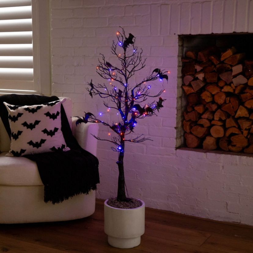 4-Foot Pre-Lit Artificial Halloween Black Spooky Twig Tree with Bats and 120 Orange & Purple LED Lights