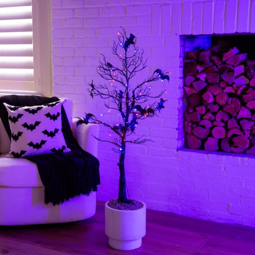 4-Foot Pre-Lit Artificial Halloween Black Spooky Twig Tree with Bats and 120 Orange & Purple LED Lights