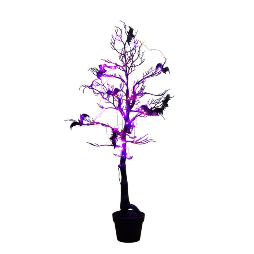 4-Foot Pre-Lit Artificial Halloween Black Spooky Twig Tree with Bats and 120 Orange & Purple LED Lights