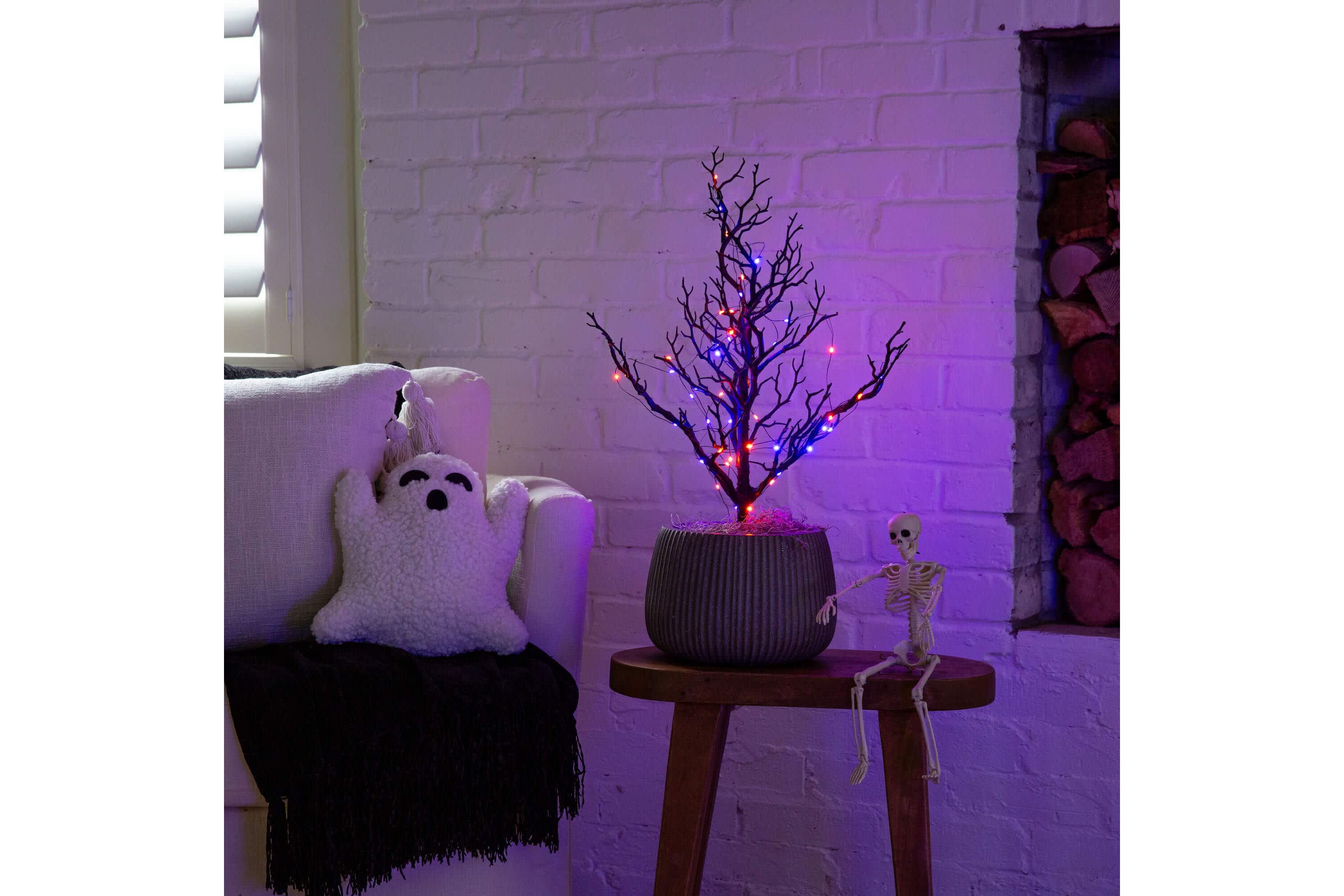 2-Foot Pre-Lit Artificial Halloween Black Spooky Twig Tree with 60 Orange & Purple Copper Wire String LED Lights