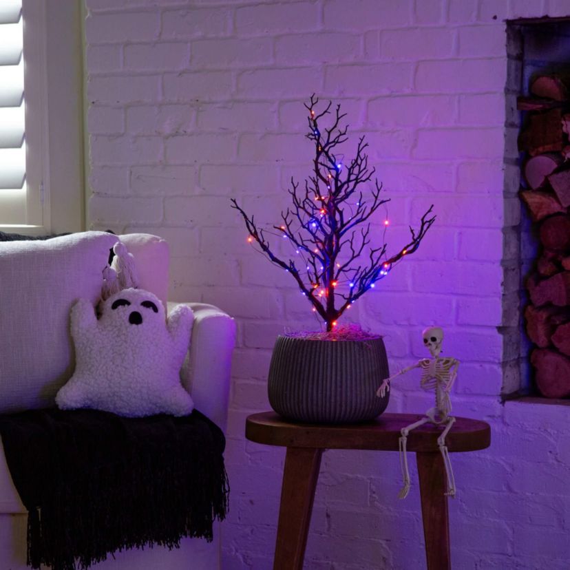 2-Foot Pre-Lit Artificial Halloween Black Spooky Twig Tree with 60 Orange & Purple Copper Wire String LED Lights