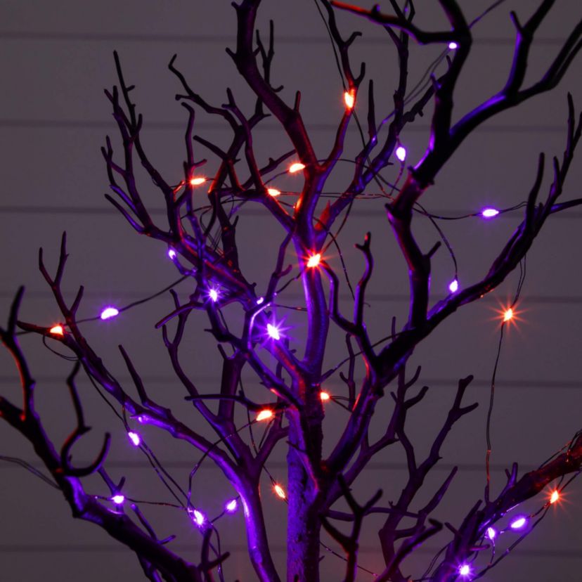 2-Foot Pre-Lit Artificial Halloween Black Spooky Twig Tree with 60 Orange & Purple Copper Wire String LED Lights