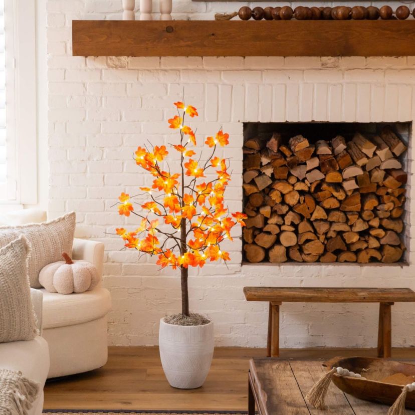 4-Foot Pre-Lit Minimalist Autumn Maple Artificial Fall Tree with 56 Warm White LED Lights