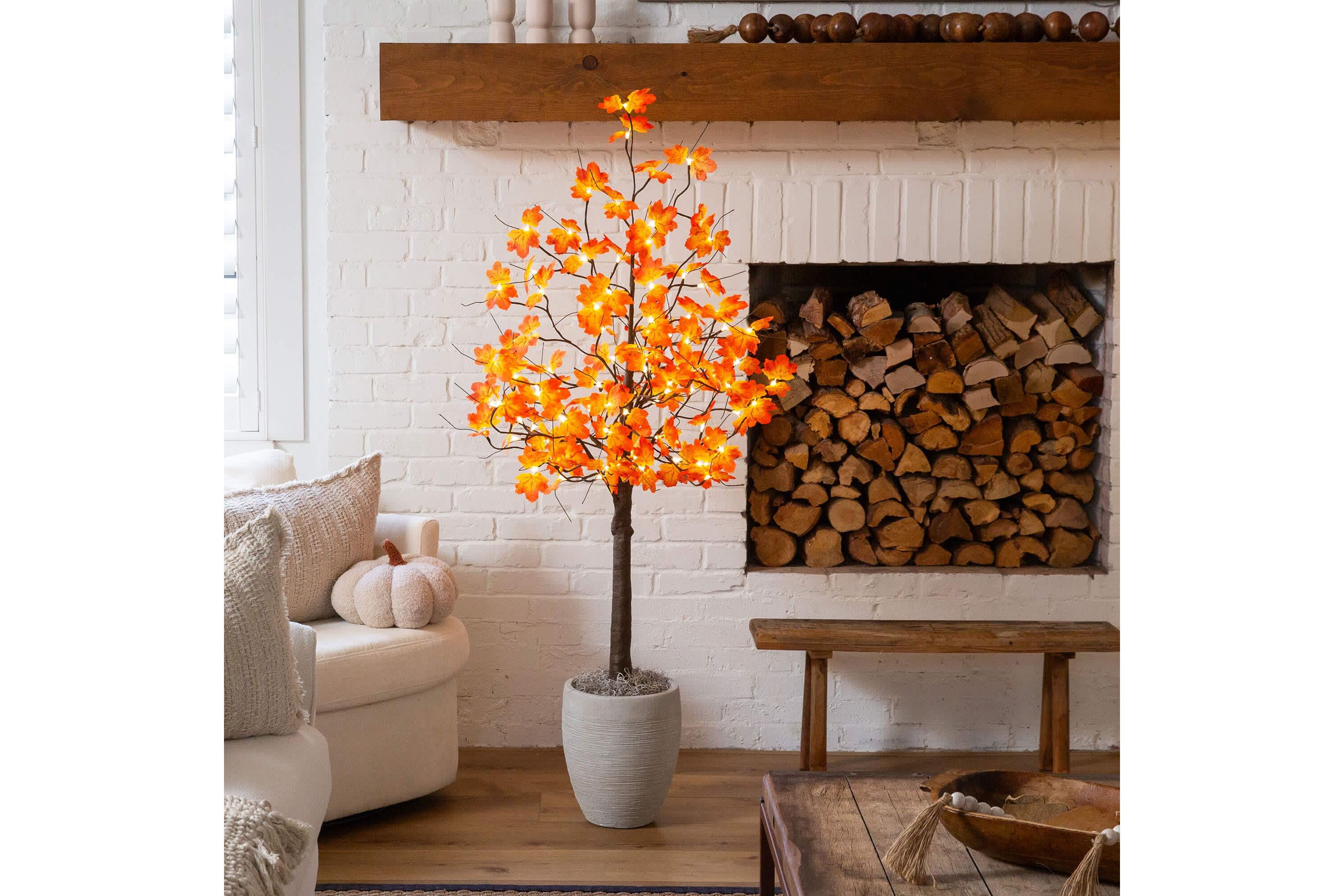 5-Foot Pre-Lit Minimalist Autumn Maple Artificial Fall Tree with 96 Warm White LED Lights