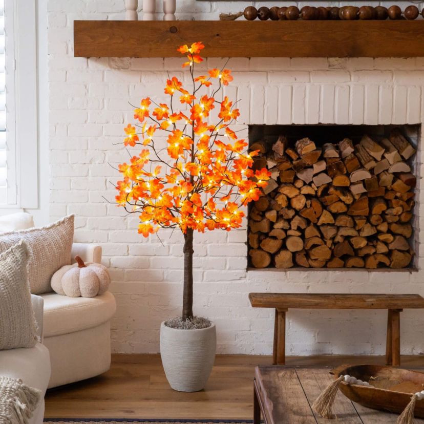 5-Foot Pre-Lit Minimalist Autumn Maple Artificial Fall Tree with 96 Warm White LED Lights