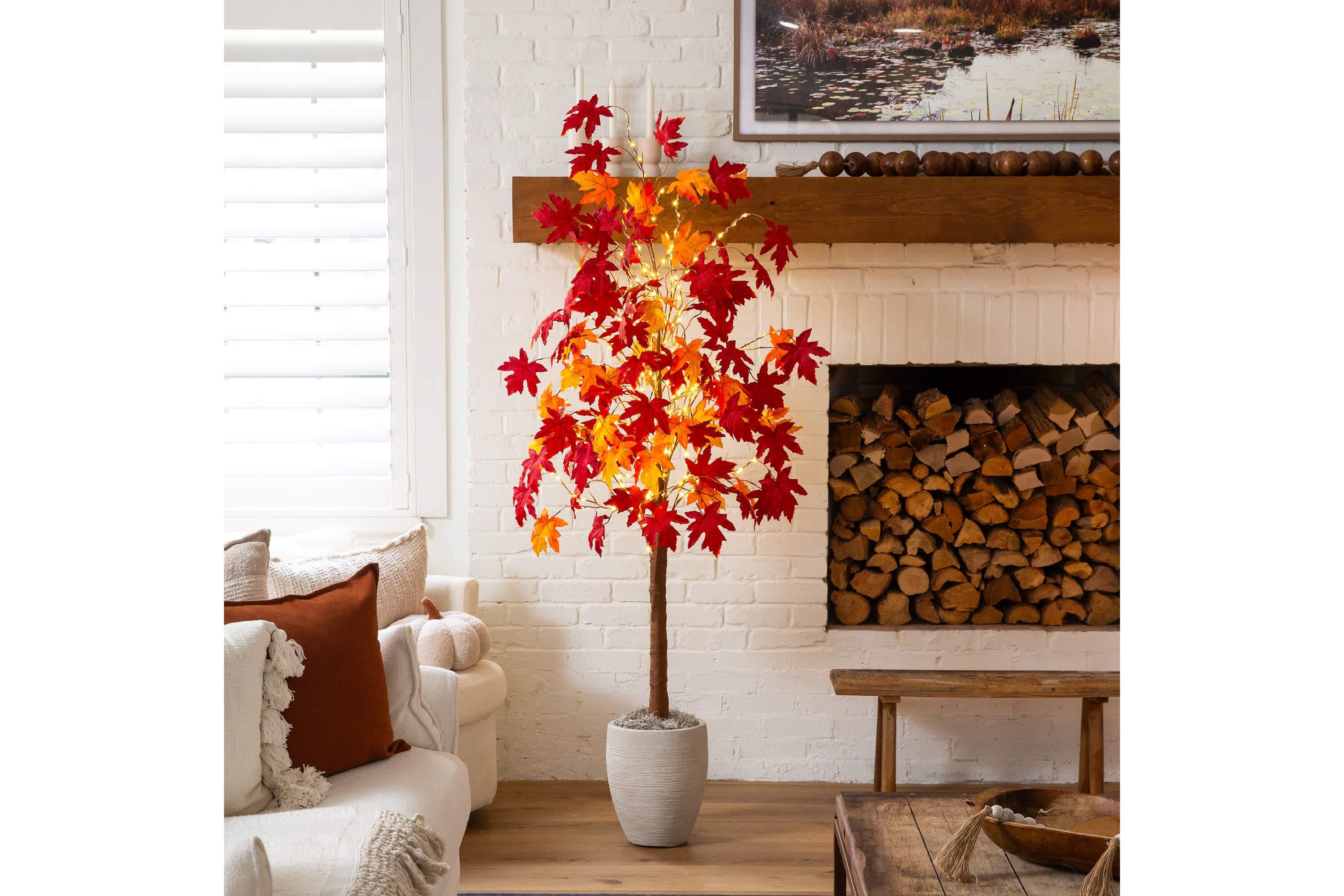 6-Foot Pre-Lit Autumn Weeping Maple Artificial Fall Tree with 300 Warm White LED Lights