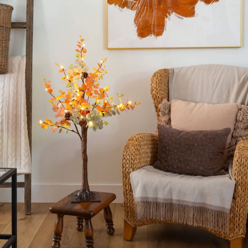 3-Foot Pre-Lit Autumn Eucalyptus Artificial Fall Tree with Pinecones, Berries and 36 Warm White LED Lights
