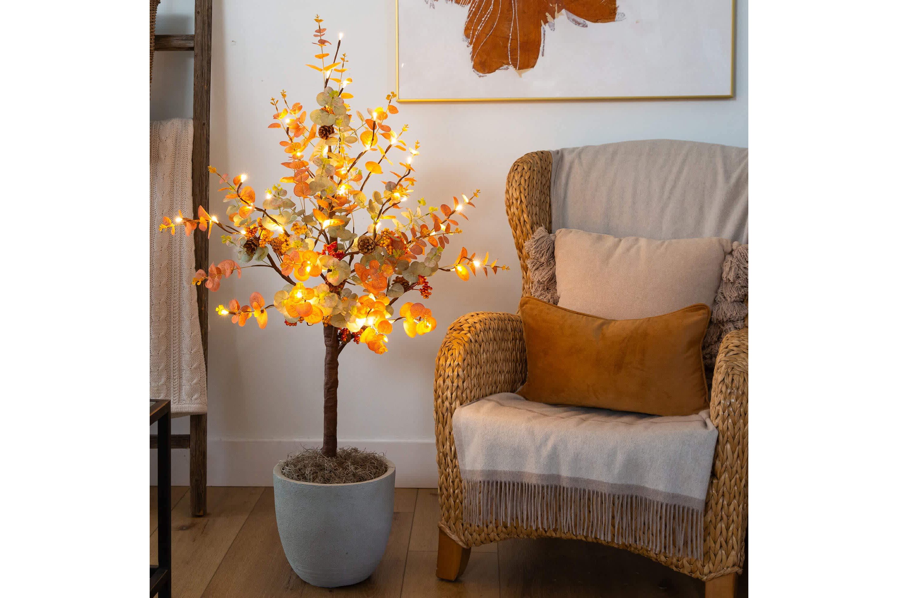 4-Foot Pre-Lit Autumn Eucalyptus Artificial Fall Tree with Pinecones, Berries and 60 Warm White LED Lights