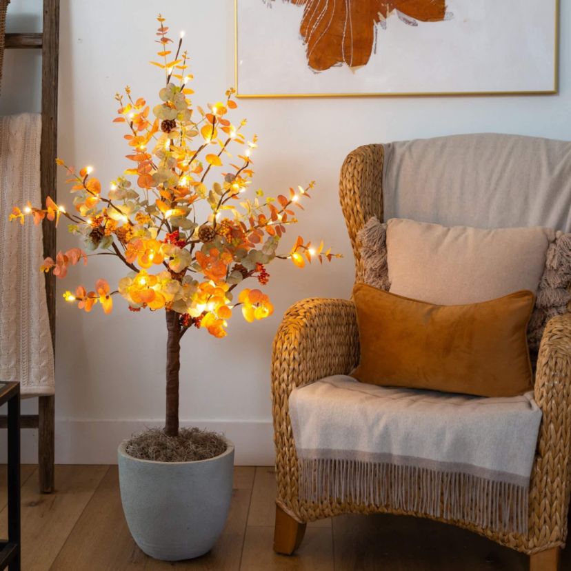 4-Foot Pre-Lit Autumn Eucalyptus Artificial Fall Tree with Pinecones, Berries and 60 Warm White LED Lights