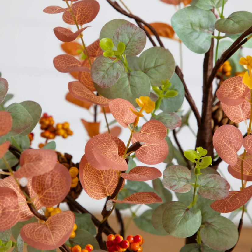 4-Foot Pre-Lit Autumn Eucalyptus Artificial Fall Tree with Pinecones, Berries and 60 Warm White LED Lights