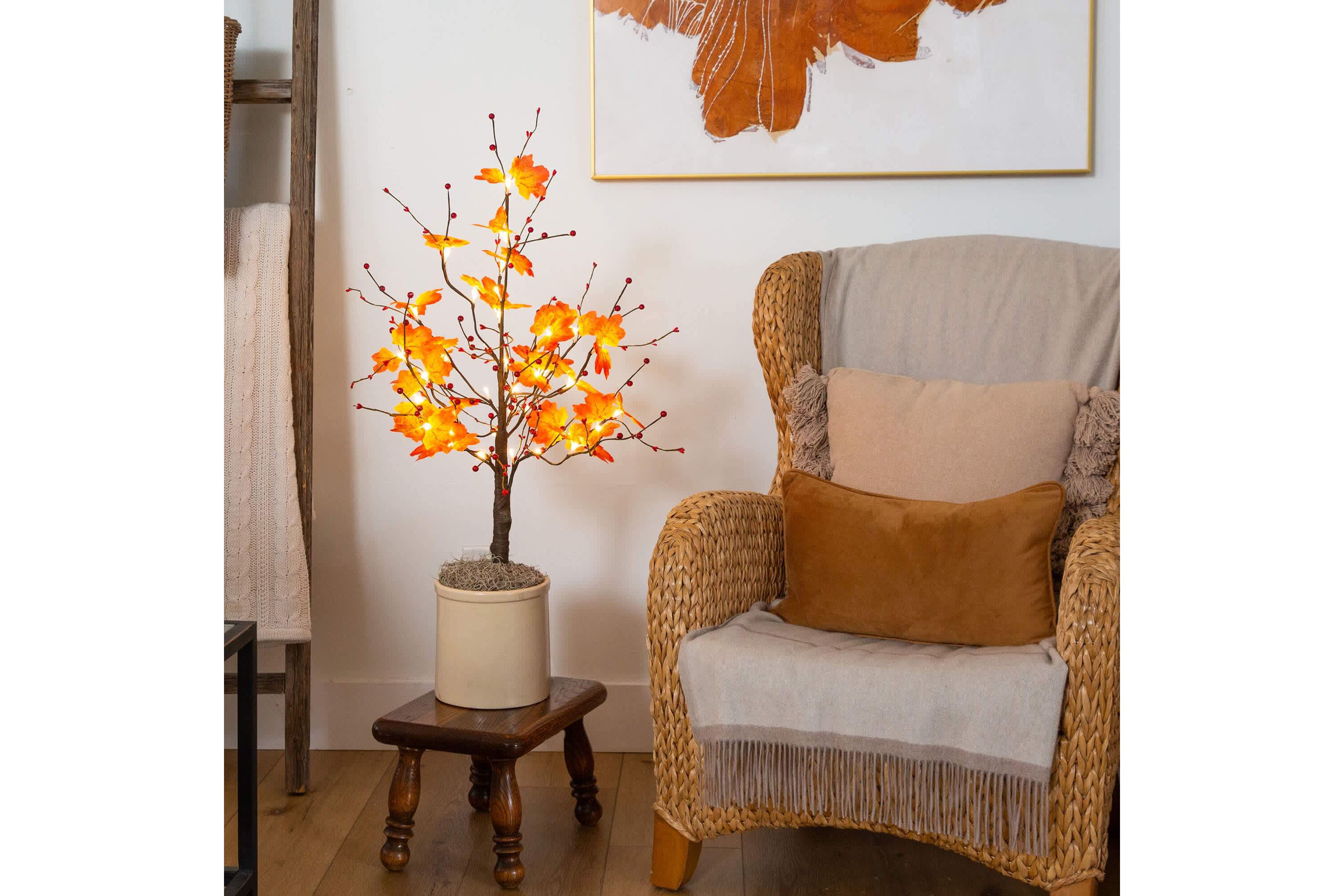 3-Foot Pre-Lit Autumn Maple Artificial Fall Tree with Berries and 36 Warm White LED Lights