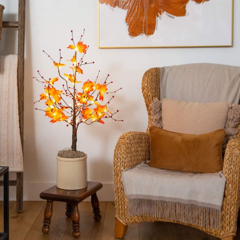 3-Foot Pre-Lit Autumn Maple Artificial Fall Tree with Berries and 36 Warm White LED Lights