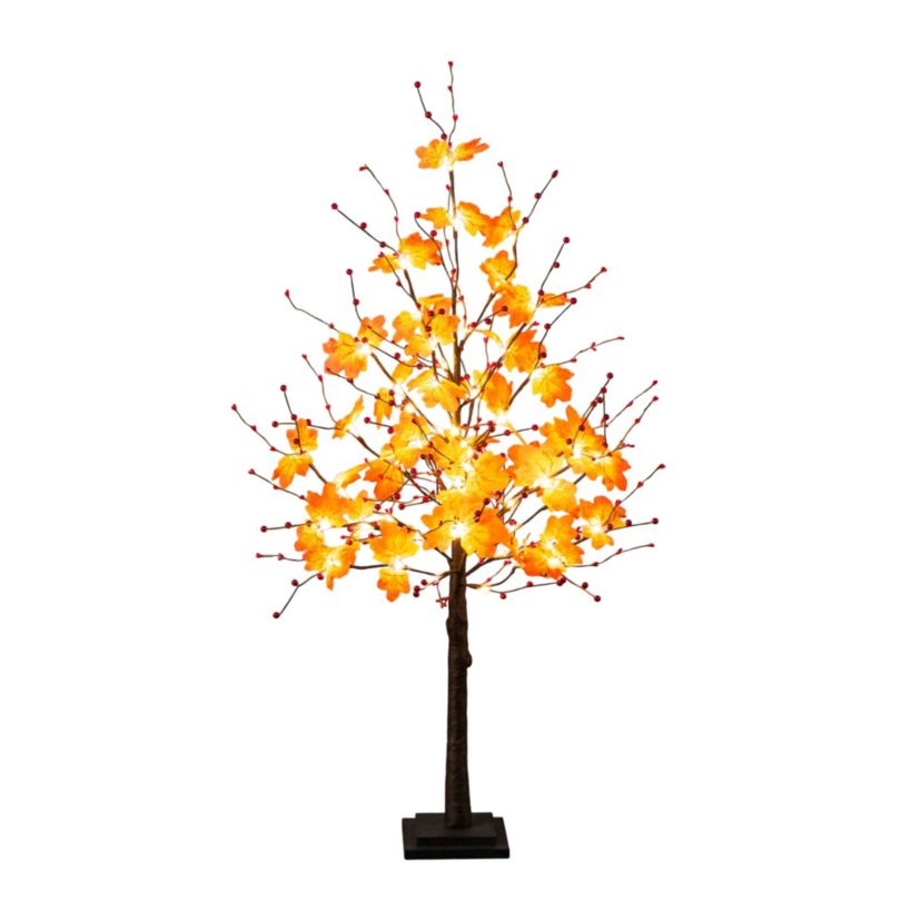 4-Foot Pre-Lit Autumn Maple Artificial Fall Tree with Berries and 60 Warm White LED Lights