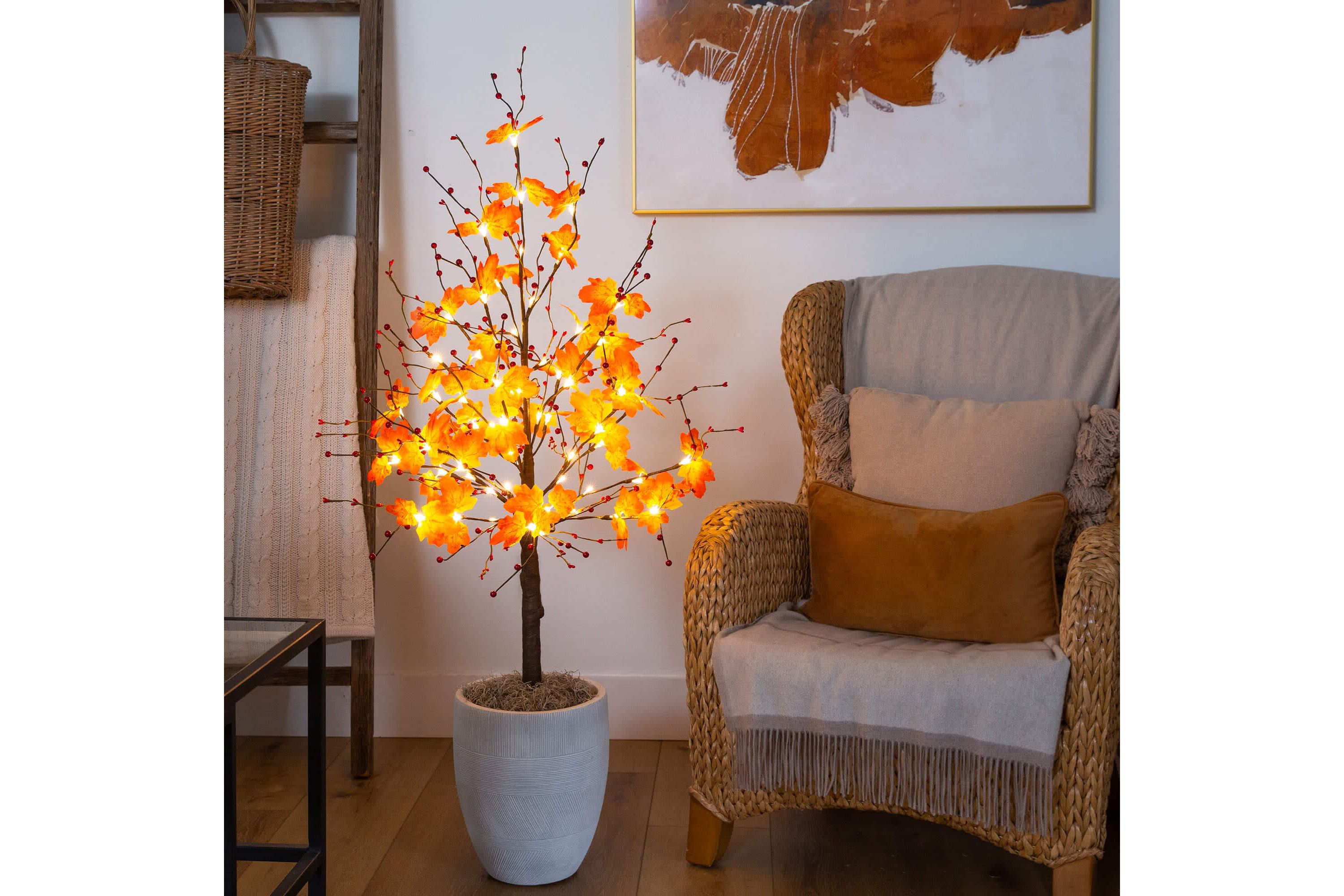 4-Foot Pre-Lit Autumn Maple Artificial Fall Tree with Berries and 60 Warm White LED Lights