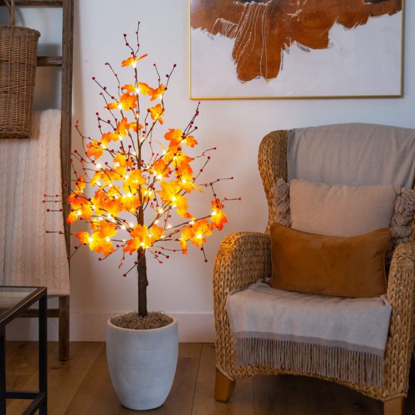 4-Foot Pre-Lit Autumn Maple Artificial Fall Tree with Berries and 60 Warm White LED Lights