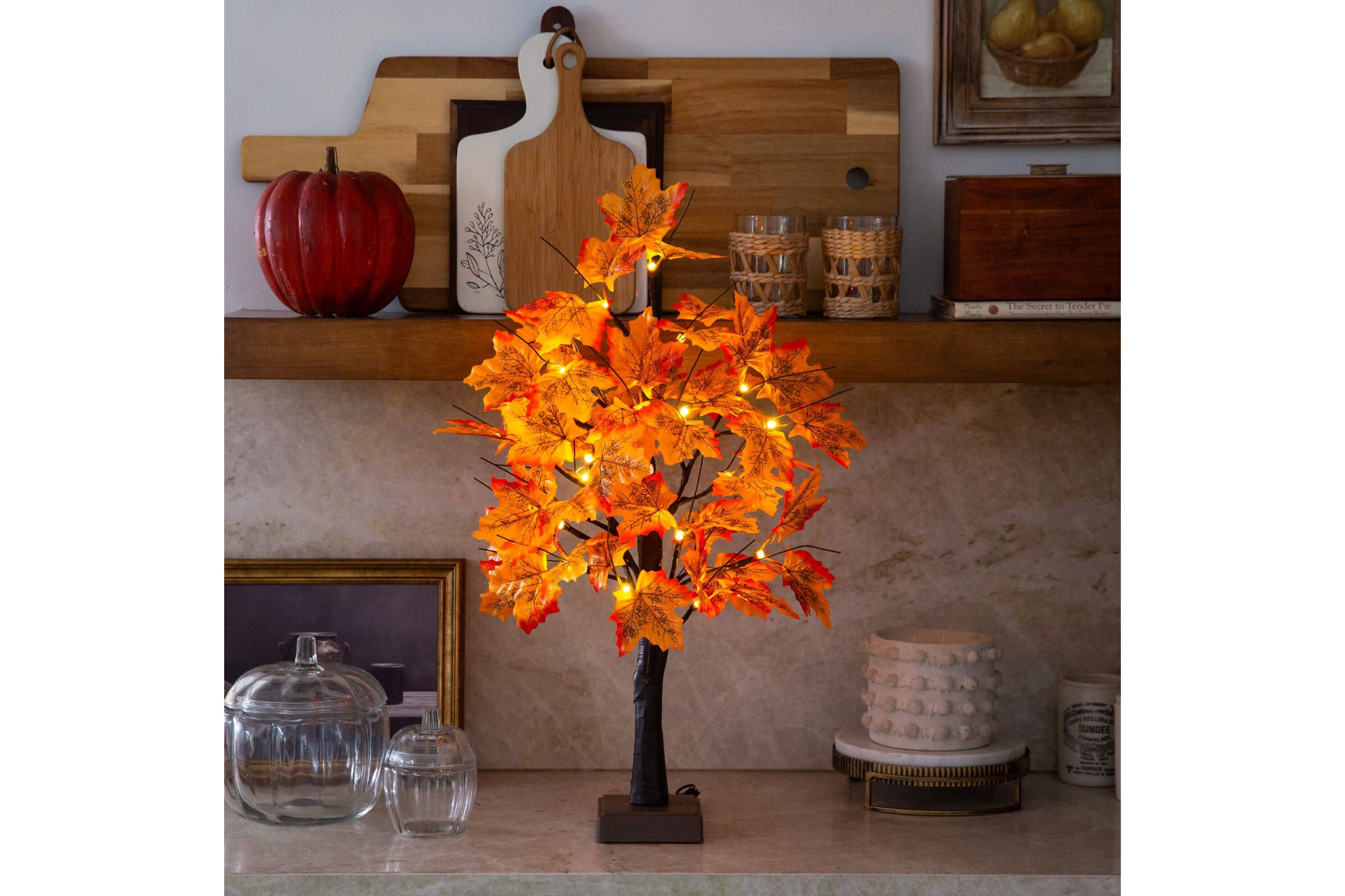 2-Foot Pre-Lit Autumn Maple Artificial Fall Tree with 24 Warm White LED Lights and Detachable Base