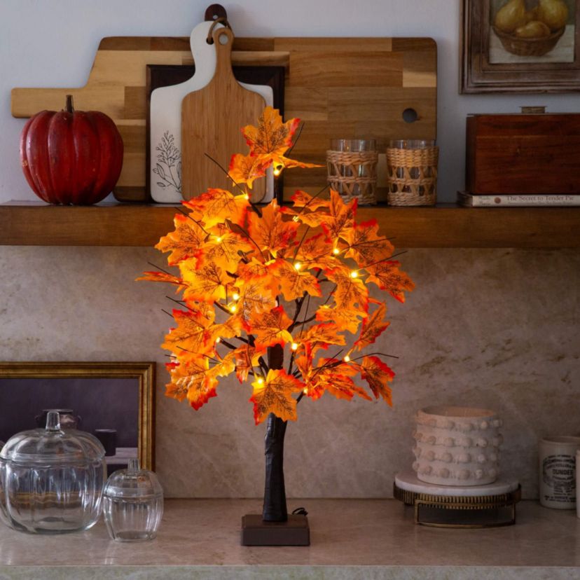 2-Foot Pre-Lit Autumn Maple Artificial Fall Tree with 24 Warm White LED Lights and Detachable Base