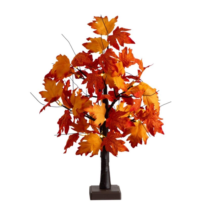 2-Foot Pre-Lit Bright Autumn Maple Artificial Fall Tree with 24 Warm White LED Lights and Detachable Base