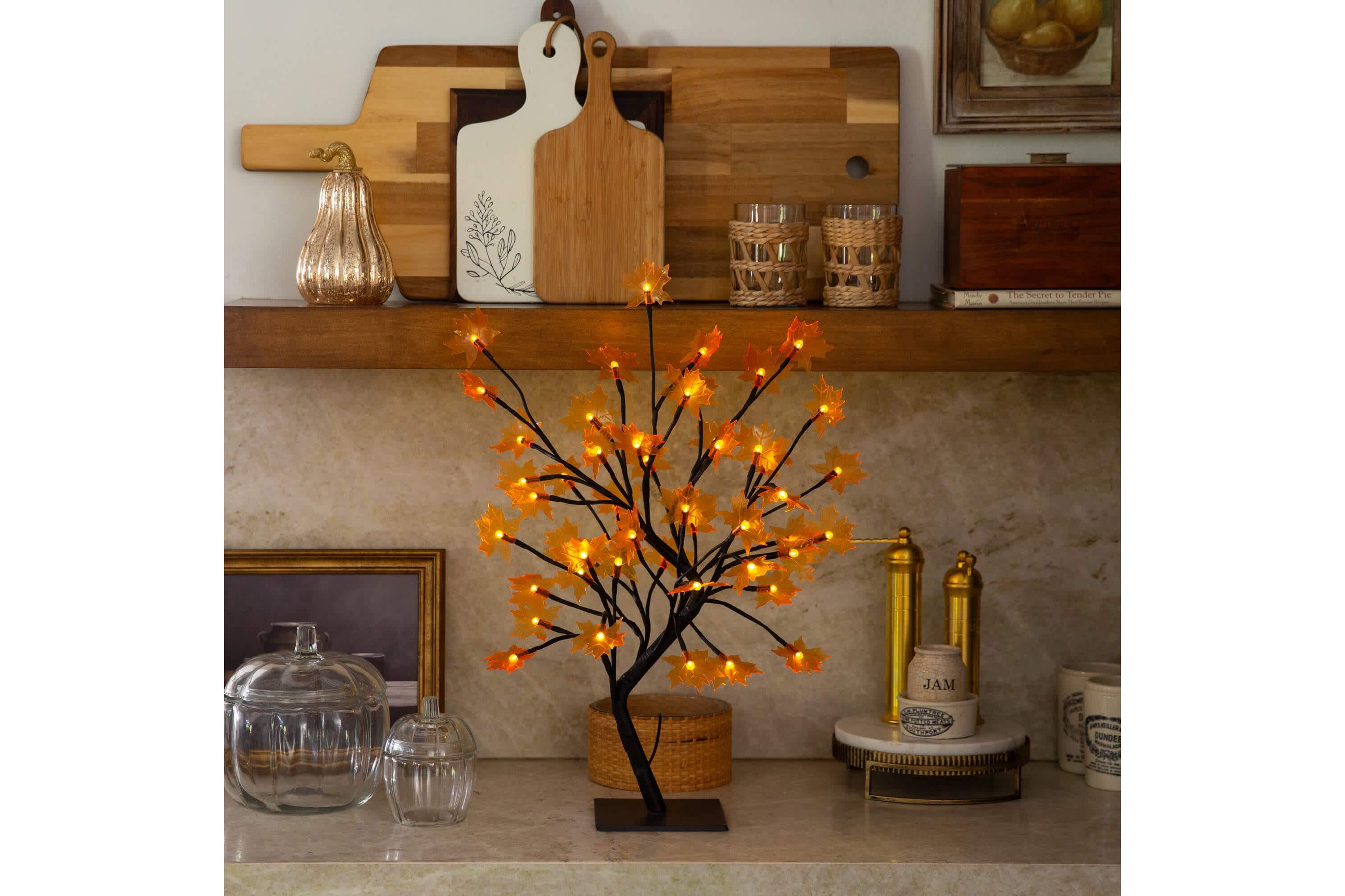 18-Inch Pre-Lit Autumn Artificial Maple Fall Tree with 48 Warm White LED Maple Shaped Lights