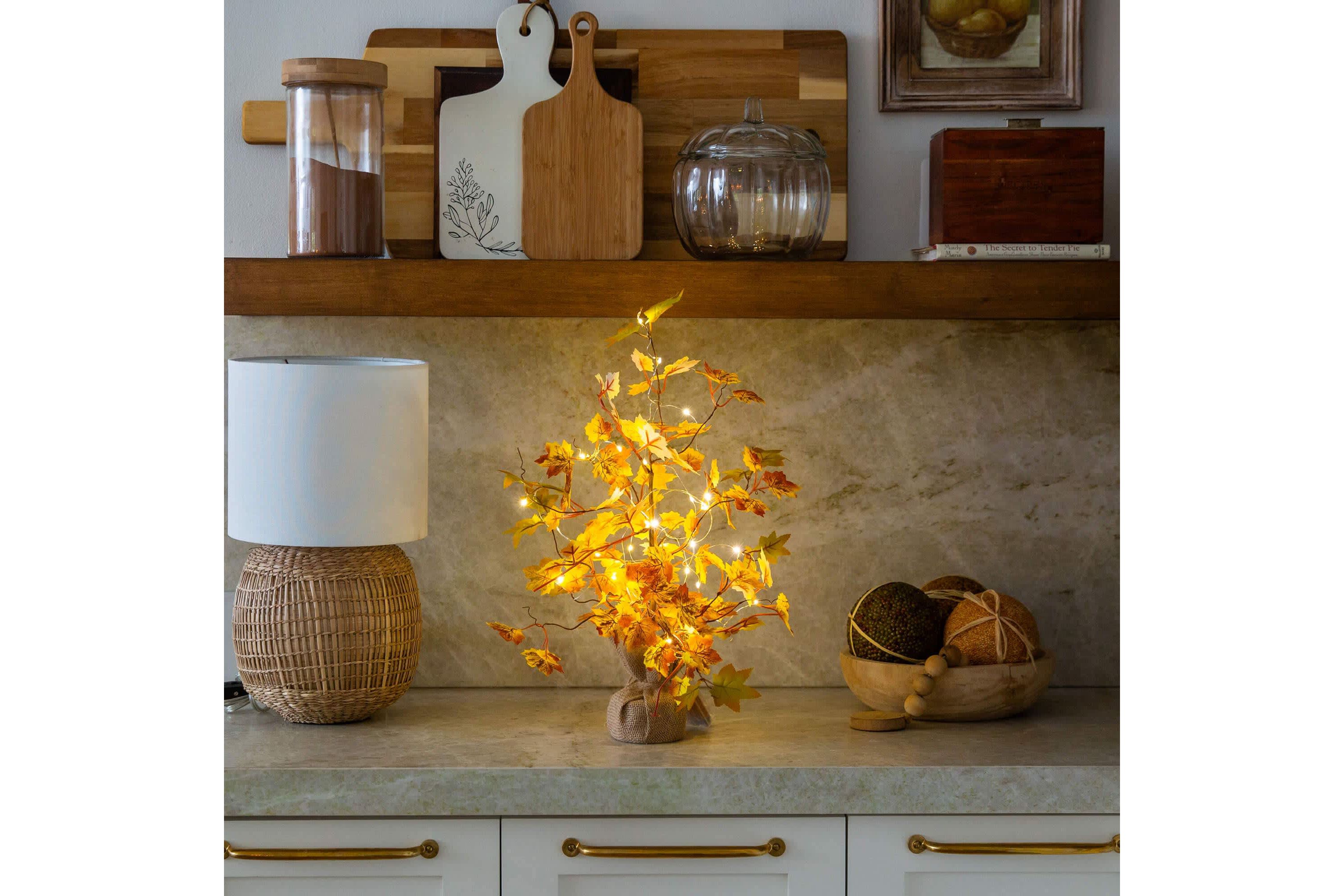 18-Inch Pre-Lit Autumn Maple Artificial Fall Tree with 30 LED String Lights in Burlap Wrapped Base