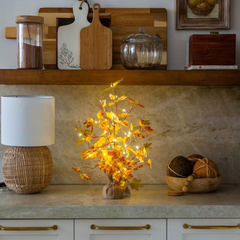 18-Inch Pre-Lit Autumn Maple Artificial Fall Tree with 30 LED String Lights in Burlap Wrapped Base