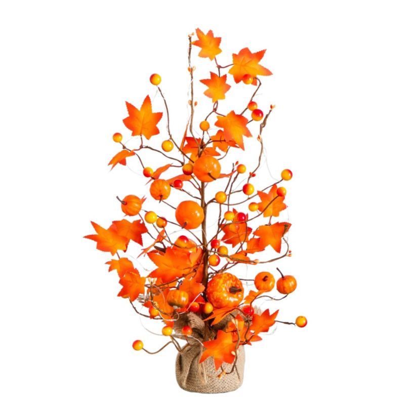 18-Inch Pre-Lit Artificial Maple Tree with Pumpkin Ornaments and 30 LED String Lights in Burlap Wrapped Base