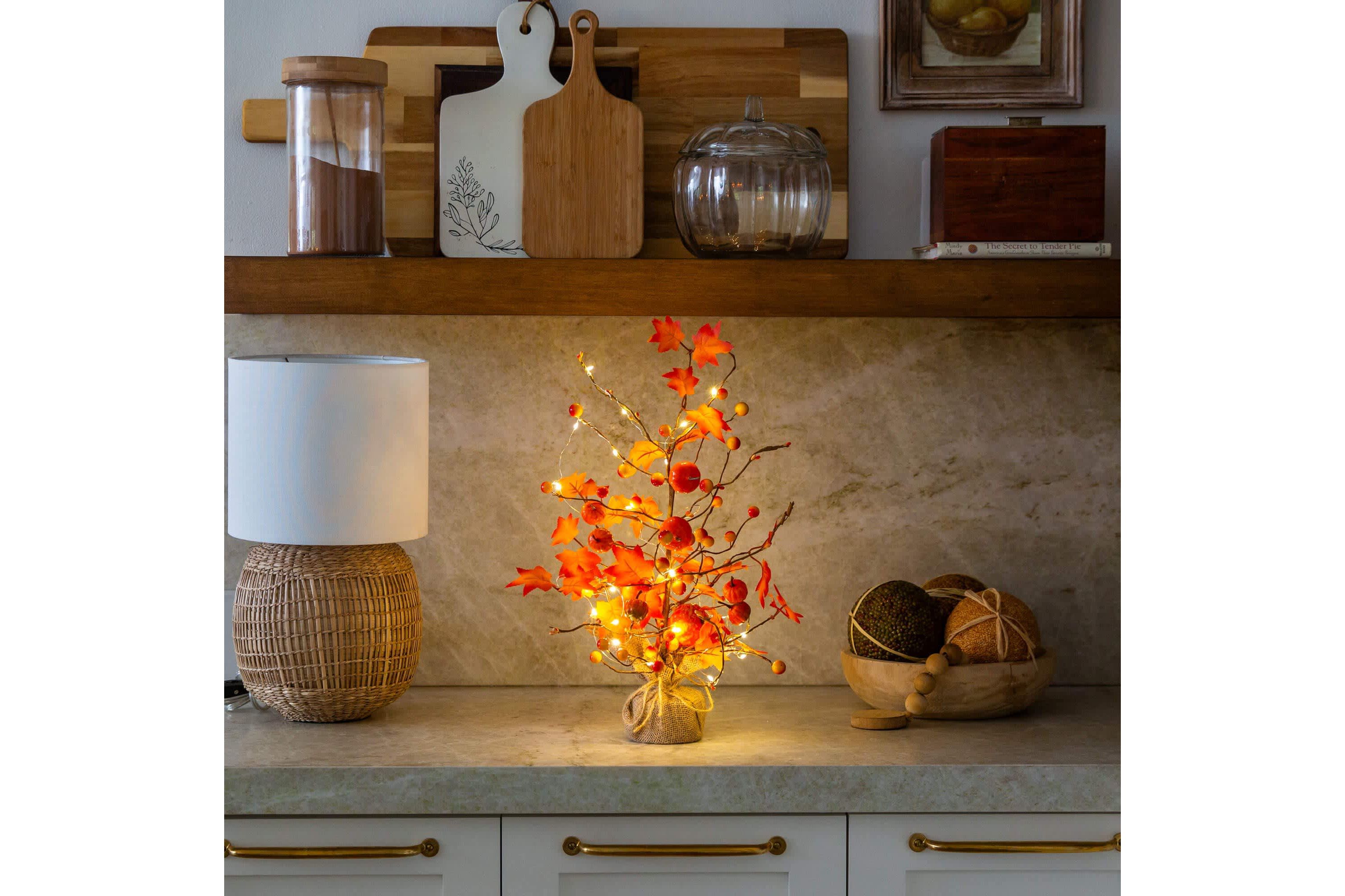 18-Inch Pre-Lit Artificial Maple Tree with Pumpkin Ornaments and 30 LED String Lights in Burlap Wrapped Base