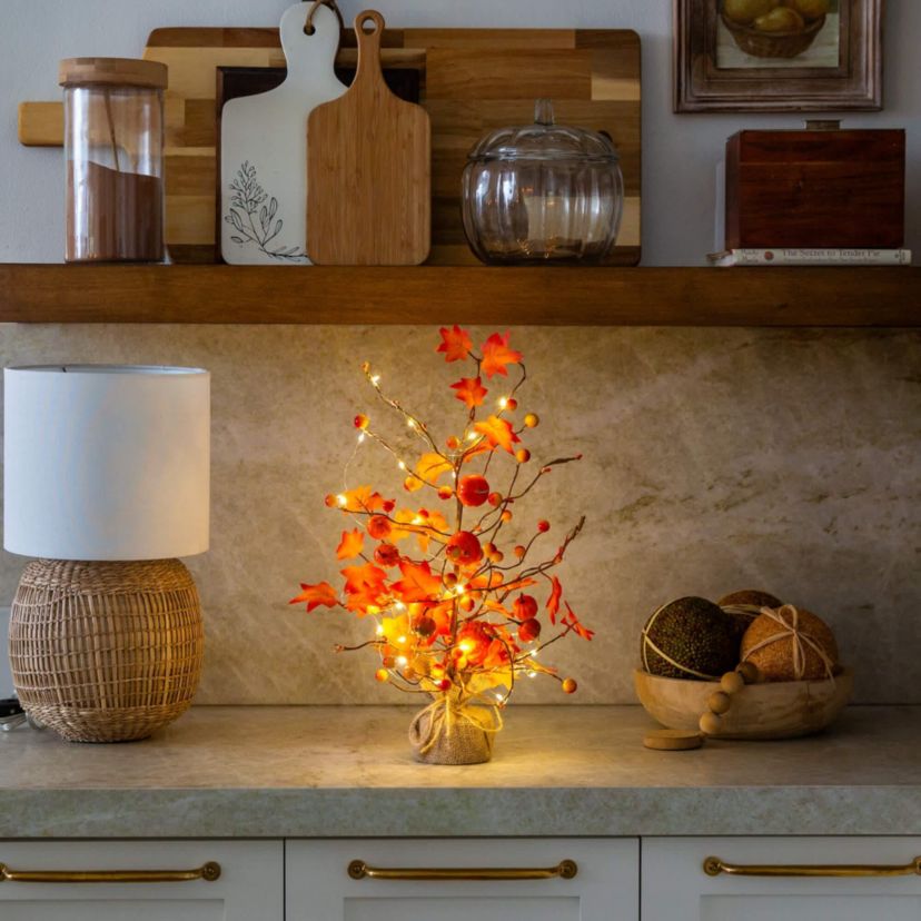 18-Inch Pre-Lit Artificial Maple Tree with Pumpkin Ornaments and 30 LED String Lights in Burlap Wrapped Base