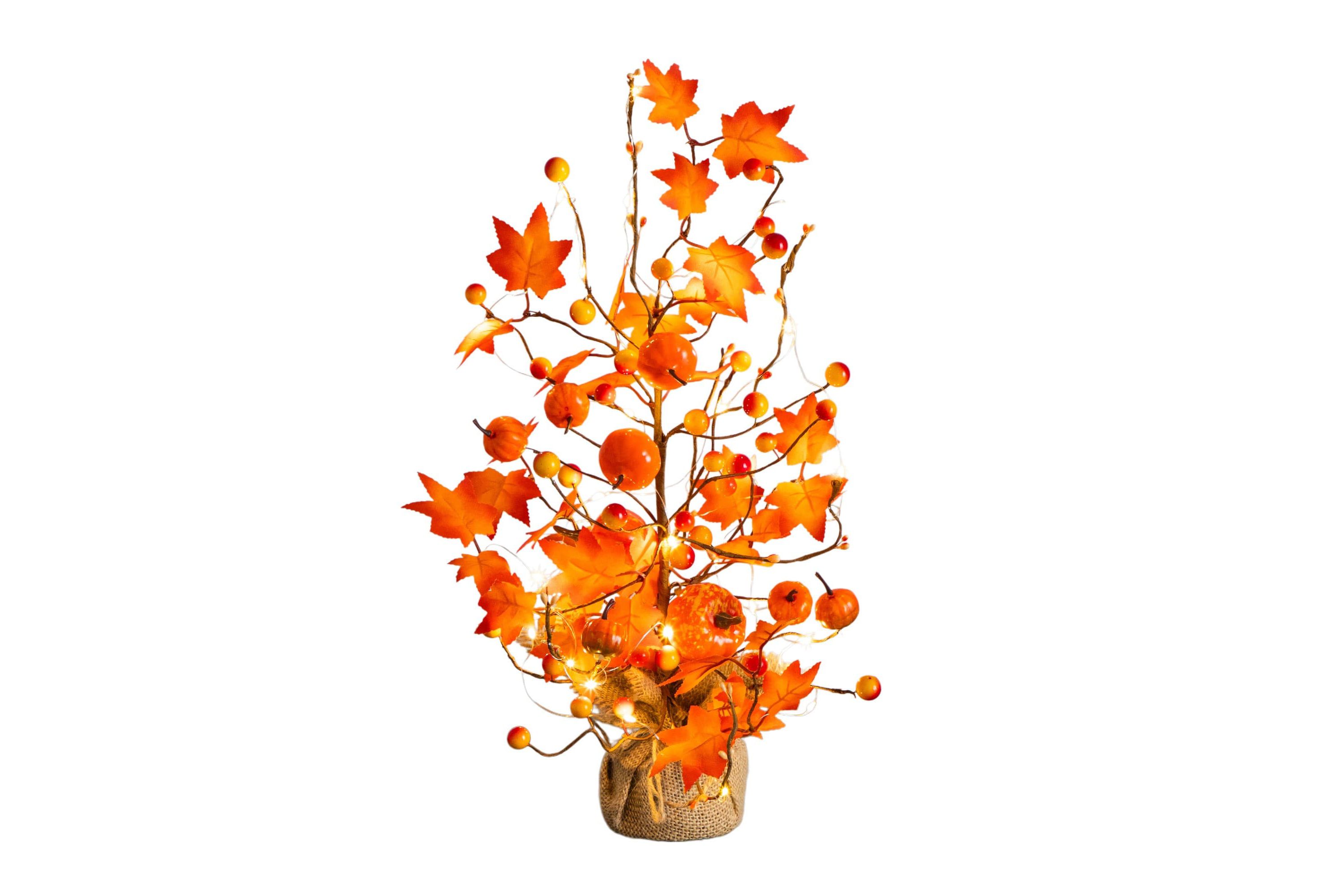 18-Inch Pre-Lit Artificial Maple Tree with Pumpkin Ornaments and 30 LED String Lights in Burlap Wrapped Base
