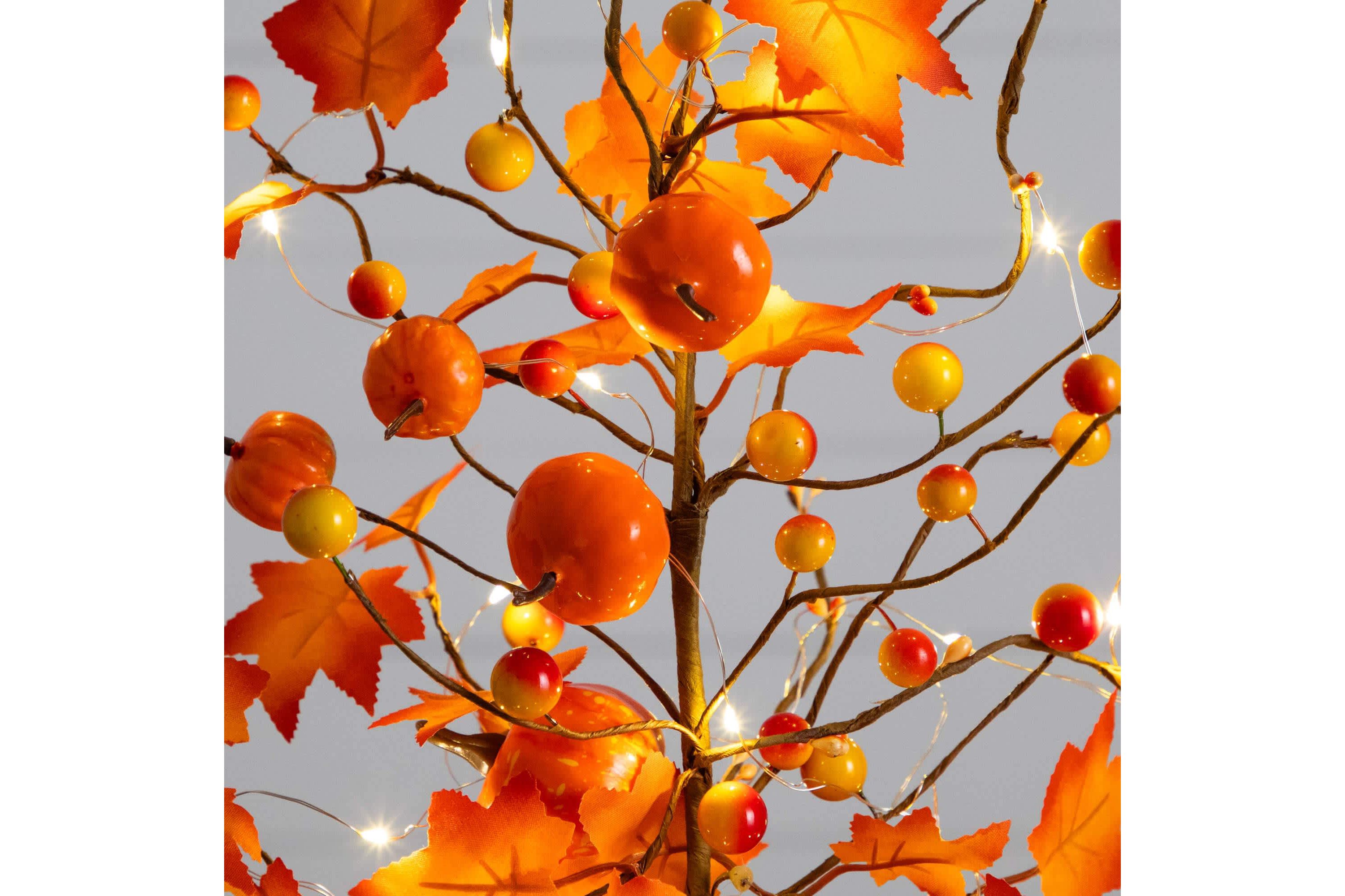 18-Inch Pre-Lit Artificial Maple Tree with Pumpkin Ornaments and 30 LED String Lights in Burlap Wrapped Base