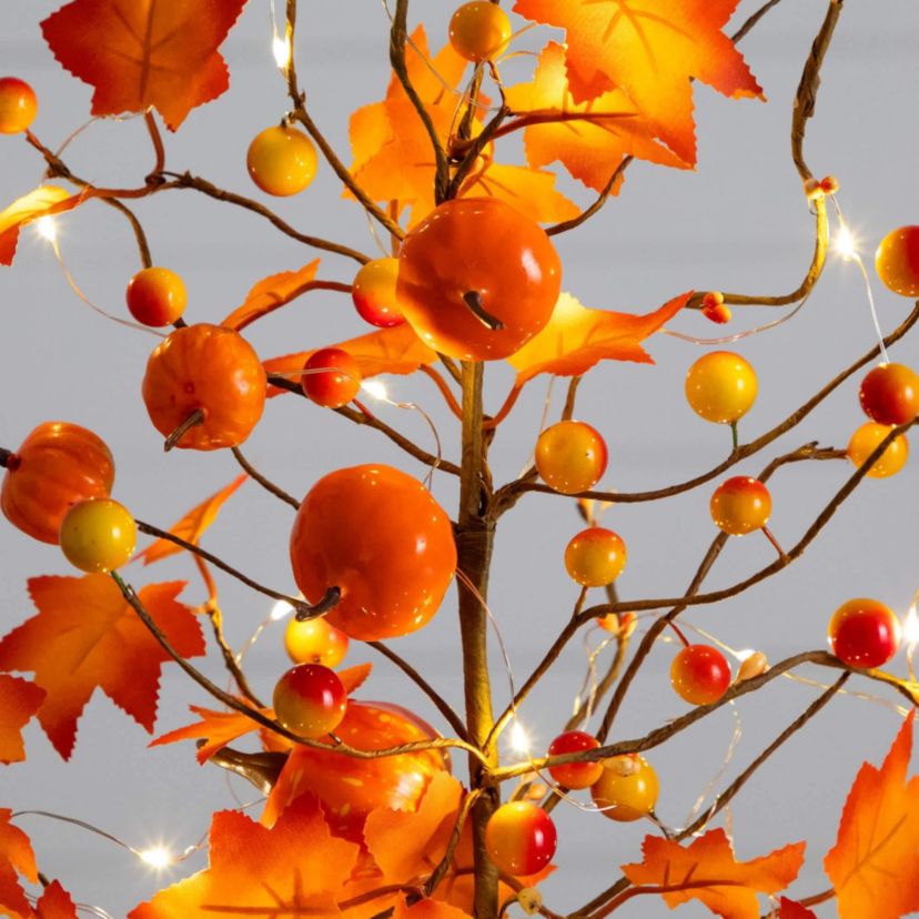 18-Inch Pre-Lit Artificial Maple Tree with Pumpkin Ornaments and 30 LED String Lights in Burlap Wrapped Base