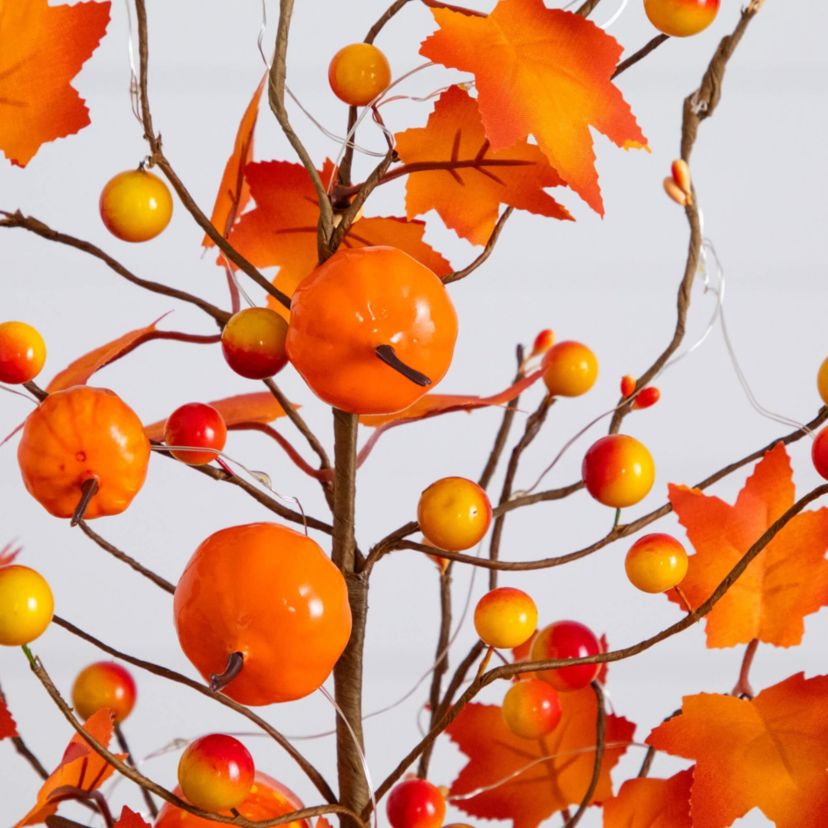 18-Inch Pre-Lit Artificial Maple Tree with Pumpkin Ornaments and 30 LED String Lights in Burlap Wrapped Base