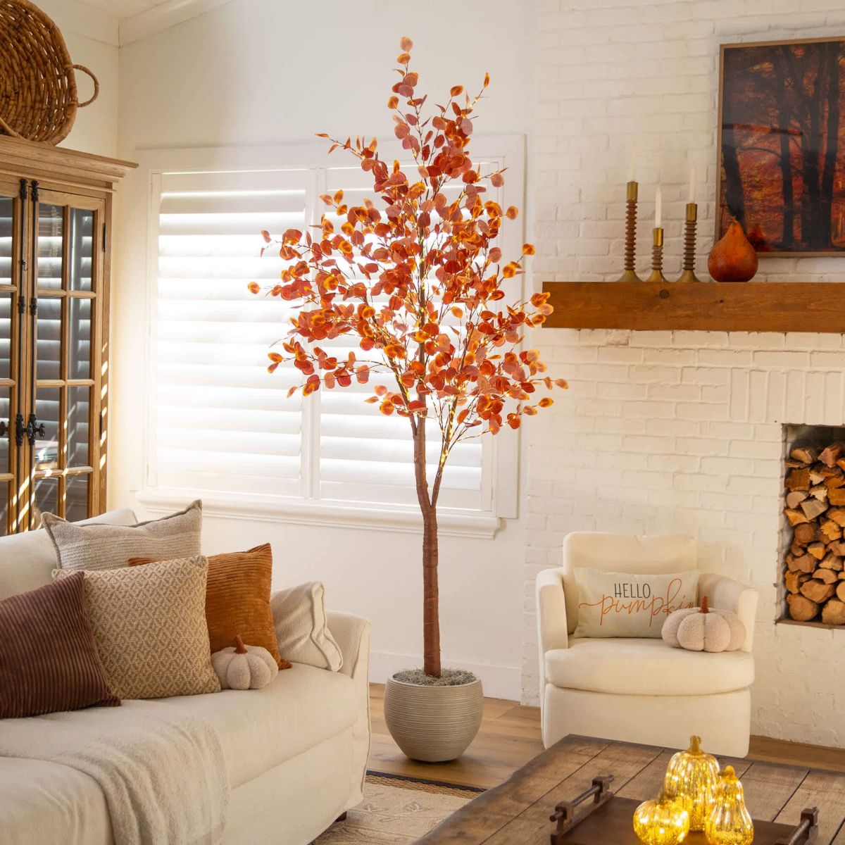 8-Foot Pre-Lit Grand Autumn Eucalyptus Artificial Fall Tree with 540 Warm White LED Lights